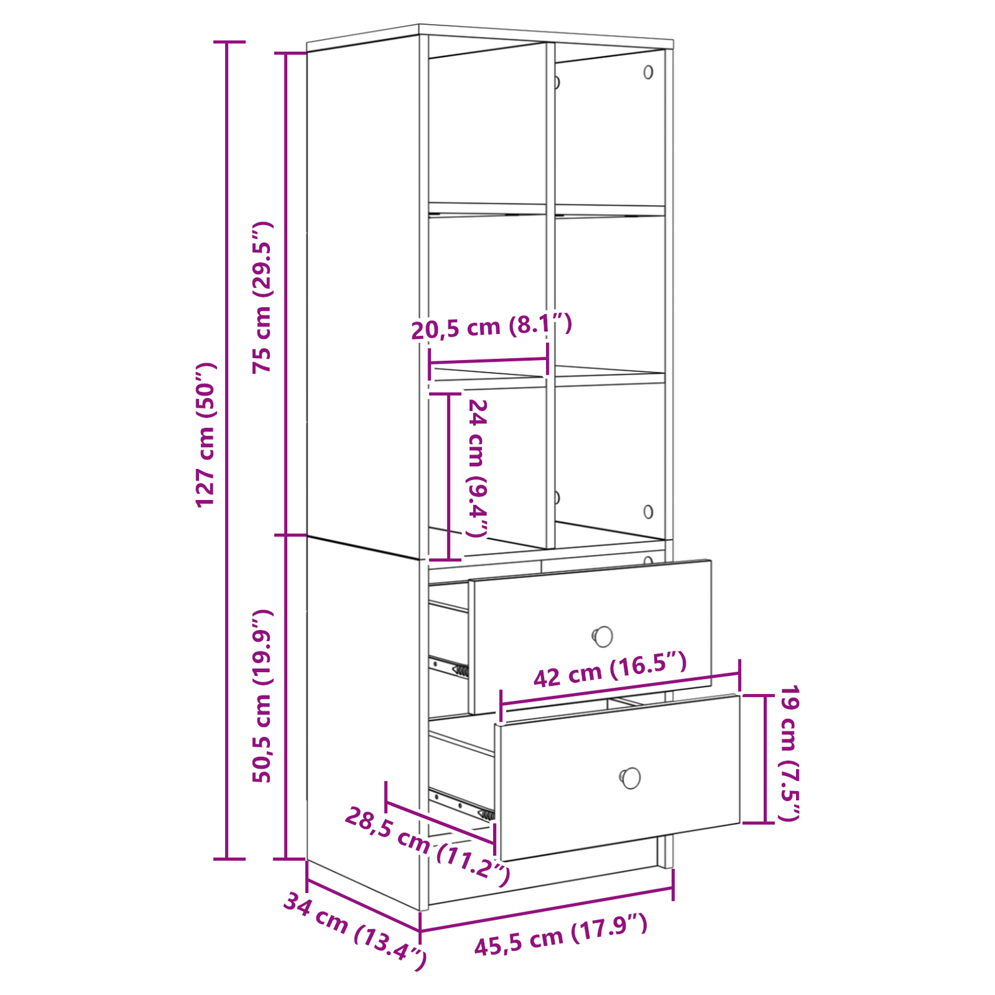 vidaXL Highboard mit Schubladen Weiß 45,5 x 34 x 127 cm