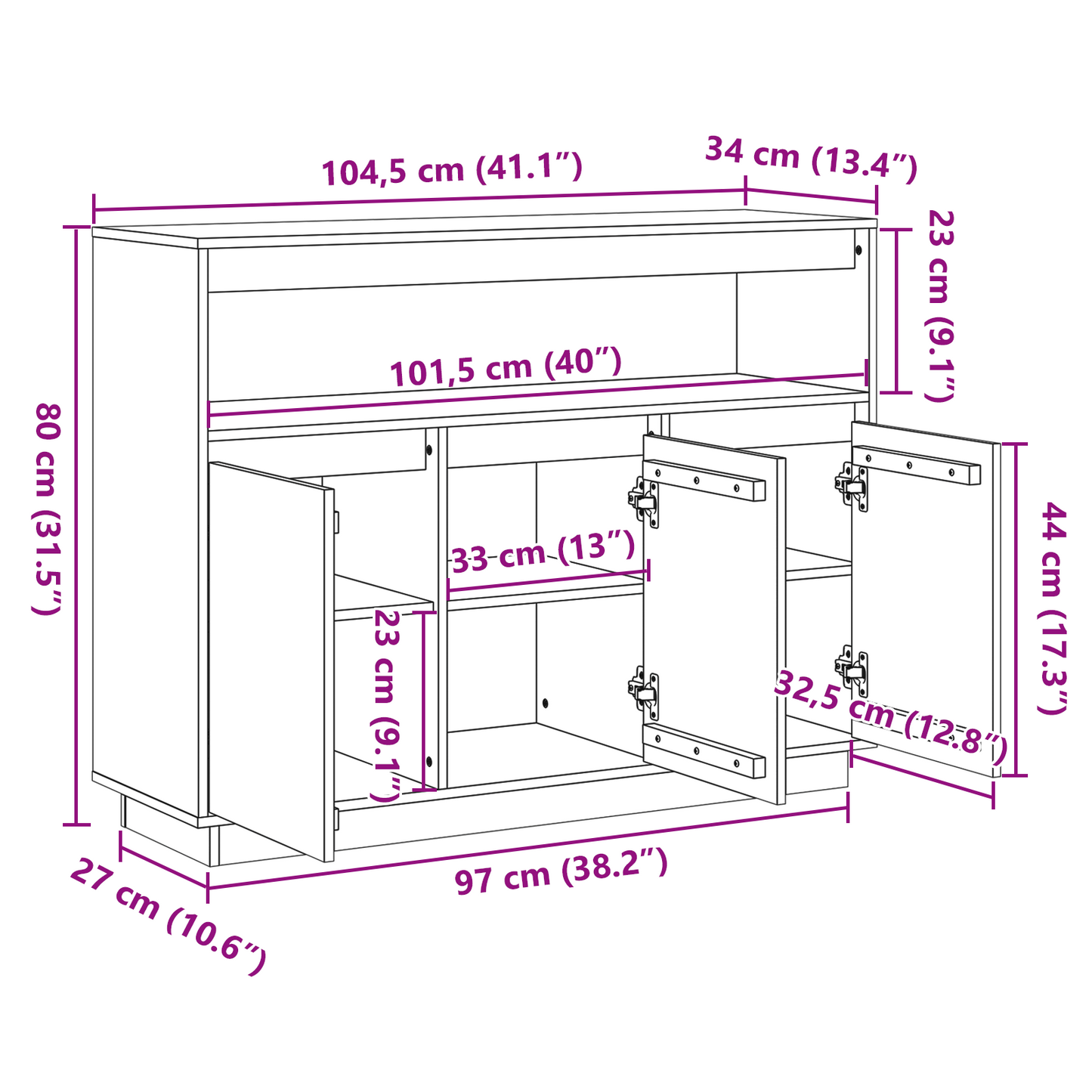 vidaXL Sideboard Wachsbraun 104,5 x 34 x 80 cm Massives Kiefernholz