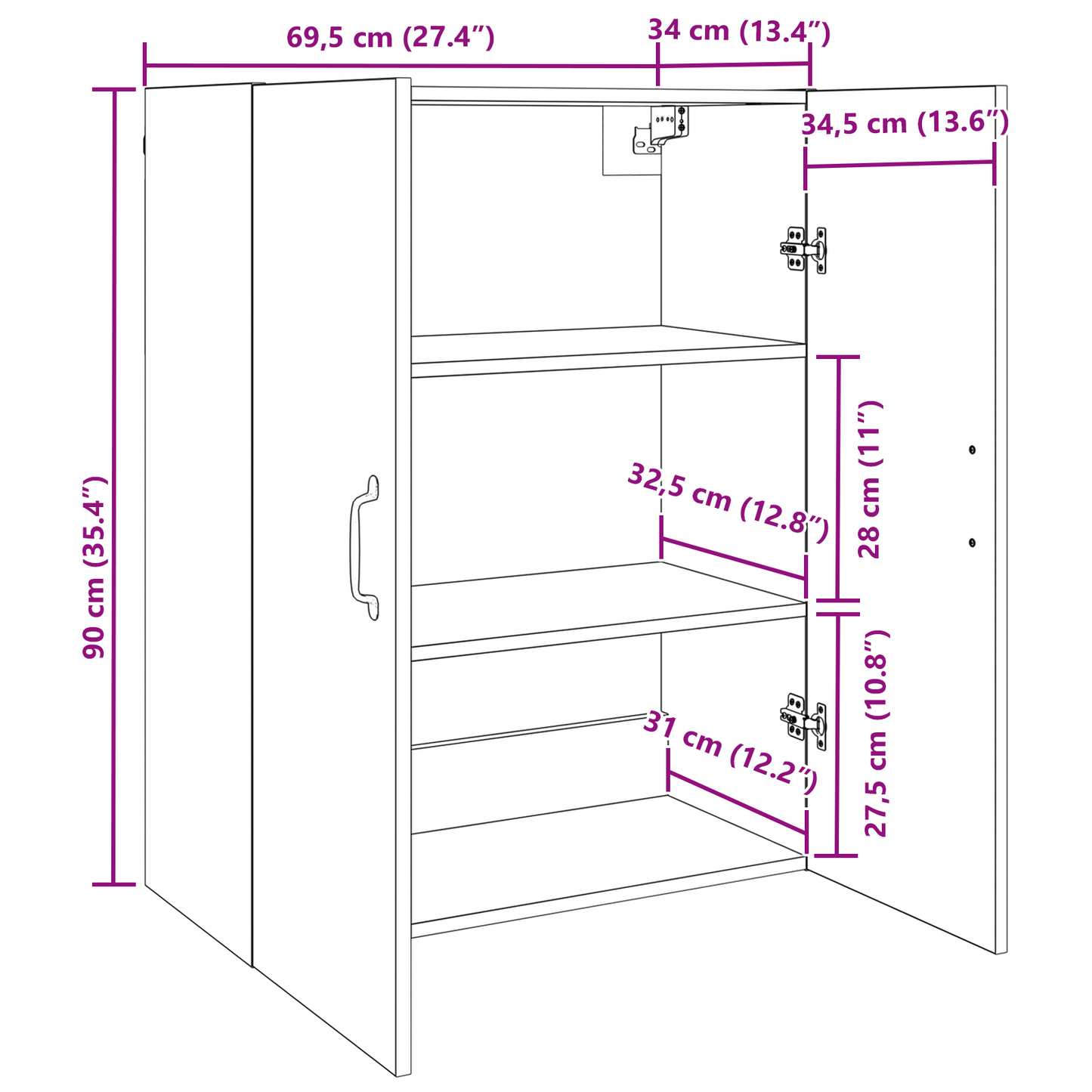 vidaXL Wandschrank Altholz 69,5 x 34 x 90 cm Holzwerkstoff